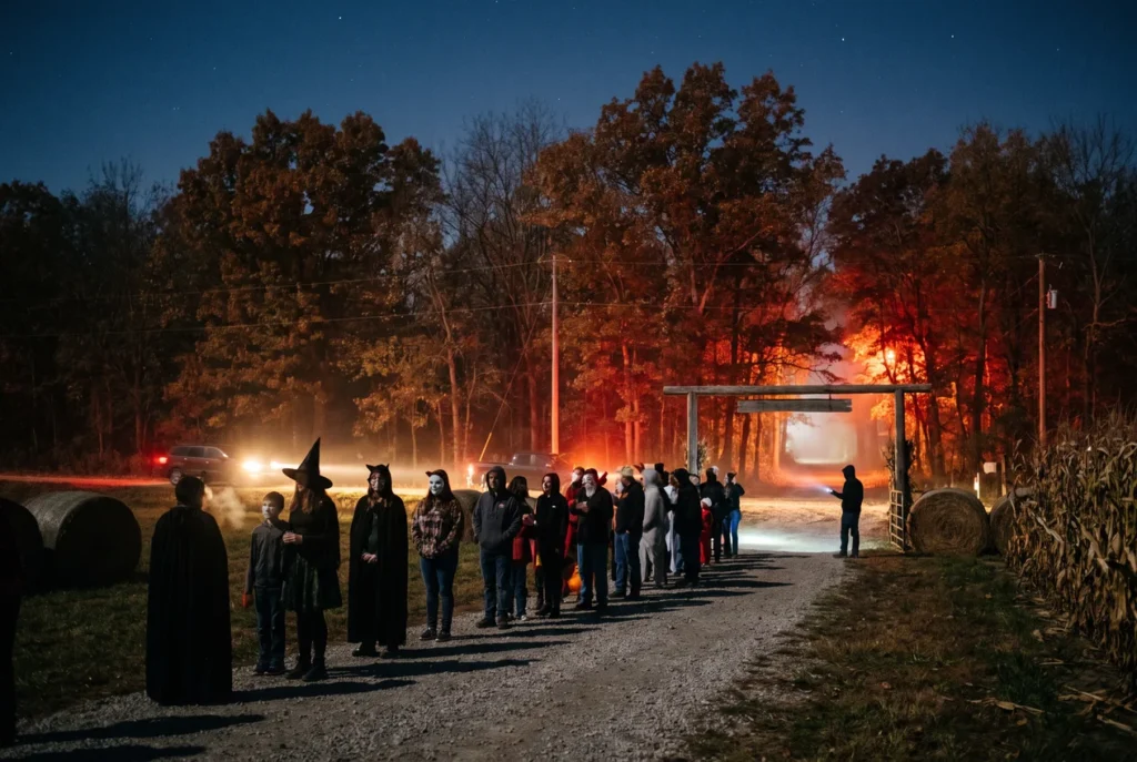 Costumed visitors waiting in line at night at the edge of a wooded trail on Ohio farmland, fog drifting between bare autumn trees under red and orange light