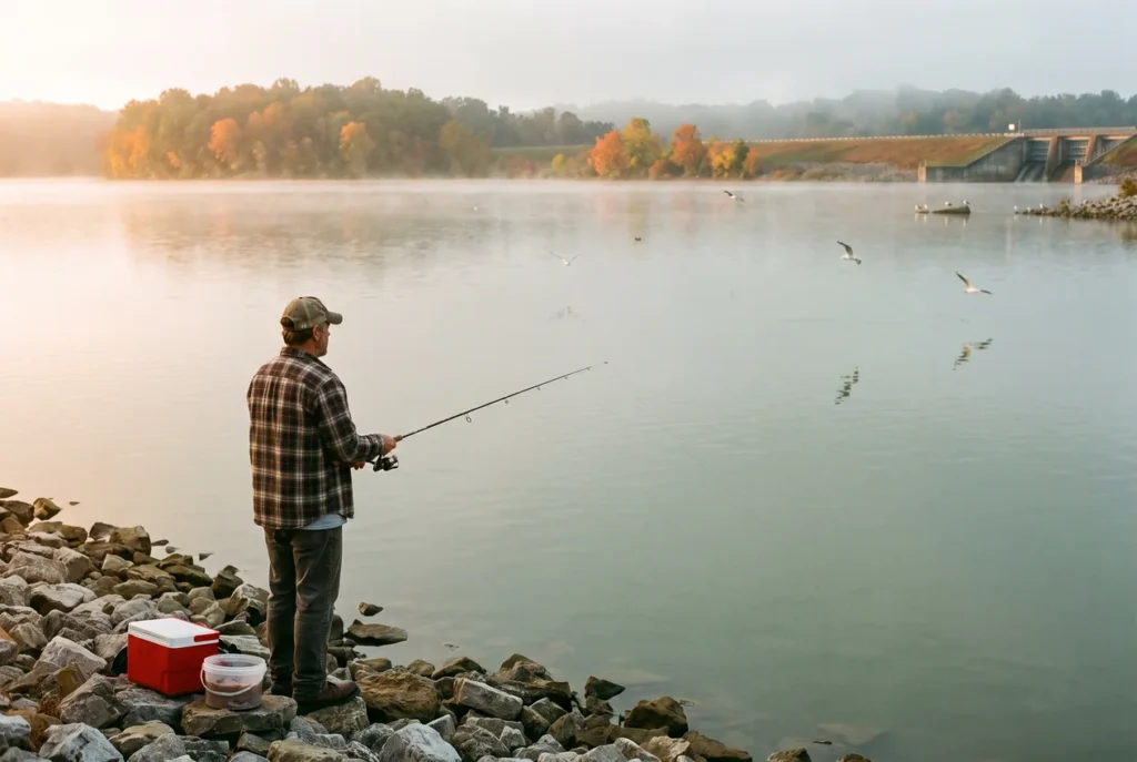An angler on the rocky shoreline of Hoover Reservoir at sunrise, rod in hand, calm water and wooded shore behind